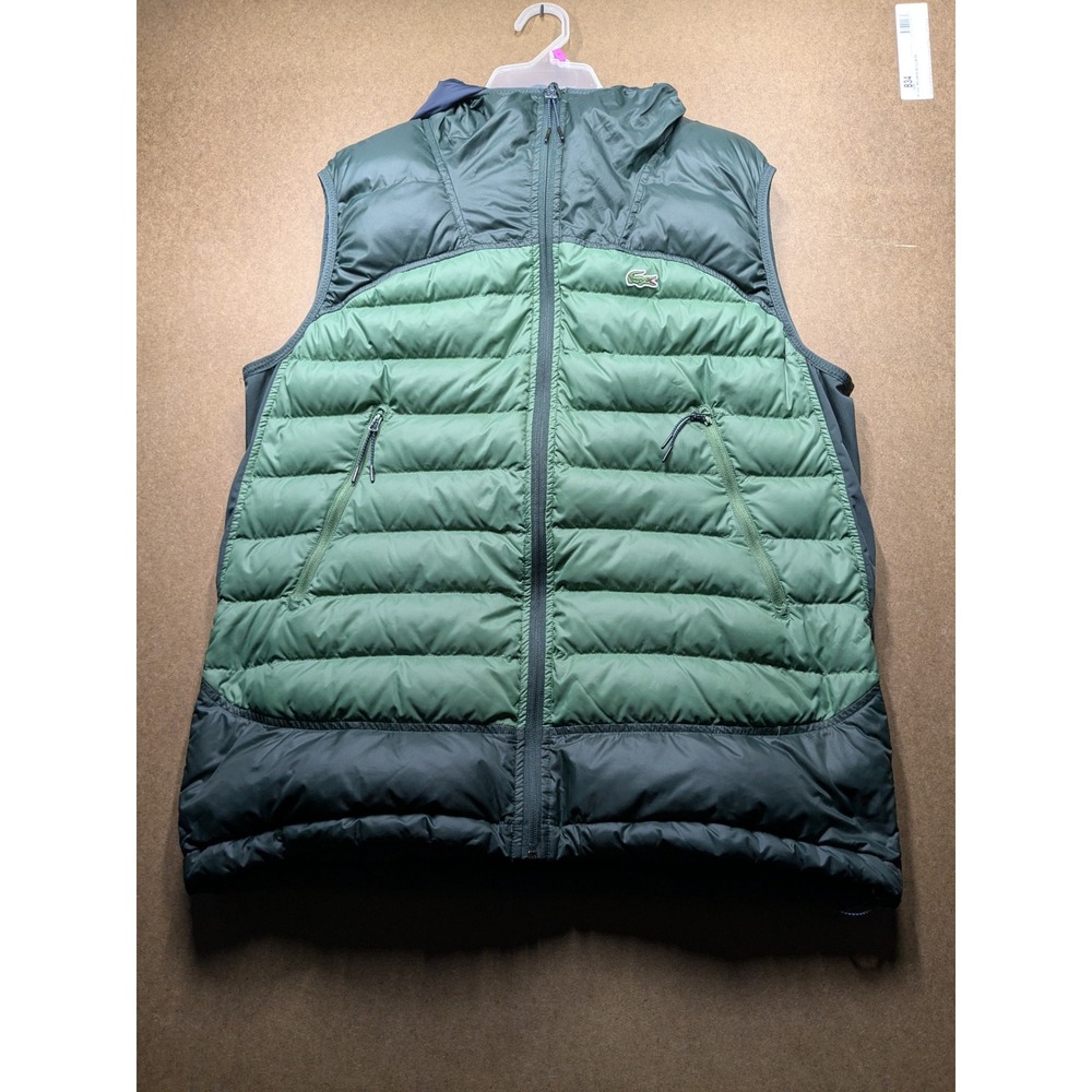Lacoste Sport Puffer Vest Mens XL Green Down Feather Hooded BH1526 Full Zip